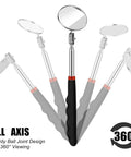 Telescoping Inspection Mirror Set, 3 Piece Rotating Round Head Tool, 360-degree view showing ball joint design and adjustable handles