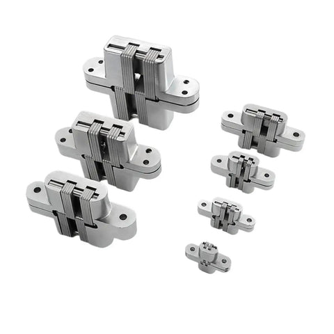 Hella Durable Hidden Door Hinges For Interior Doors 304 Stainless Steel set in silver tone, various sizes for concealed use.