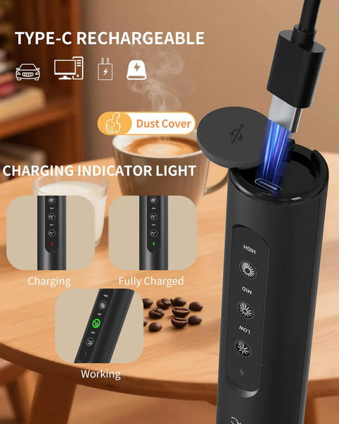 Dope Rechargeable Handheld Milk Frother Wand with Stand, showing charging indicator light and Type-C recharge, black.