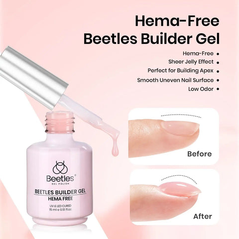 Bottle of Pink Builder Gel No Wipe Gel Top Coat Base Coat Shine Finish with before and after nail application images.