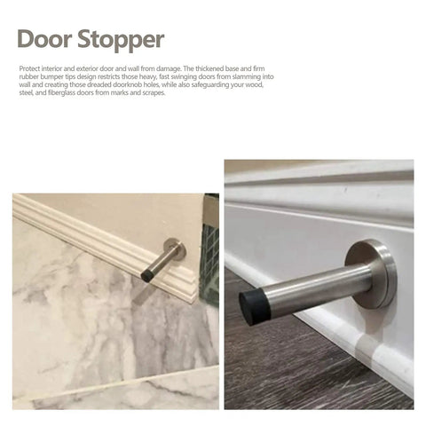 Stainless Steel Wall Mounted Door Stopper With Rubber Bumper Low Noise Cushioned Guard, installed on baseboard