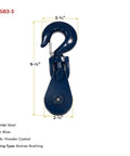 Heavy Duty Snatch Block With Hook, 3 Ton Working Load Limit, Three Inch Sheave, Three Eighths Inch Wire Rope, Wrecker Roll Back Recovery Gear, Steel Construction, Blue Powder Coat Finish, blue steel hook