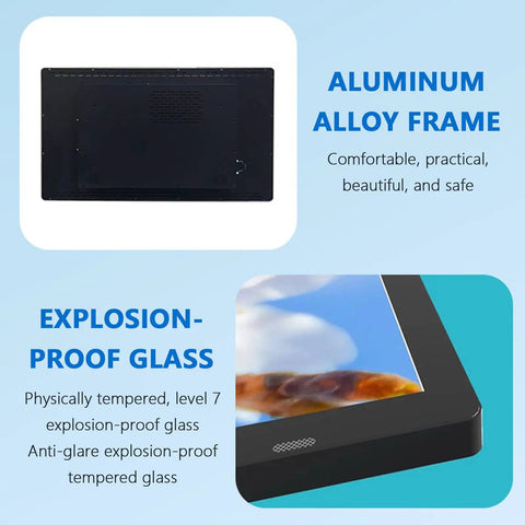 Drop Dead Gorgeous 10.1 Inch Digital Signage Screen With Breezy Wifi Remote showing aluminum alloy frame and explosion-proof glass.