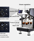 Next Level Red Semi Automatic Espresso Machine And Coffee Maker Boasting A Bright Led Screen Hot Steam Frother And A Sweet One Point Seven Liter Water Tank For Fire Shots with operation panel and pressure gauge.