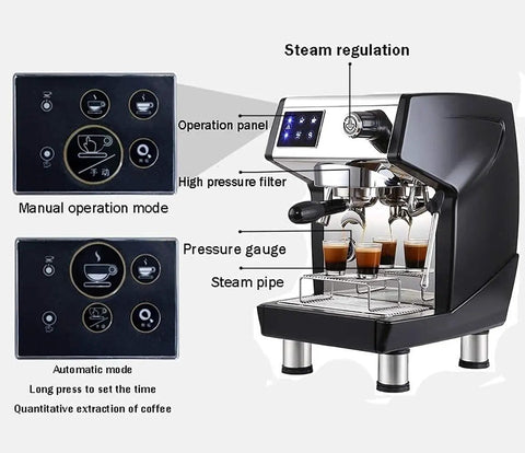 Next Level Red Semi Automatic Espresso Machine And Coffee Maker Boasting A Bright Led Screen Hot Steam Frother And A Sweet One Point Seven Liter Water Tank For Fire Shots with operation panel and pressure gauge.