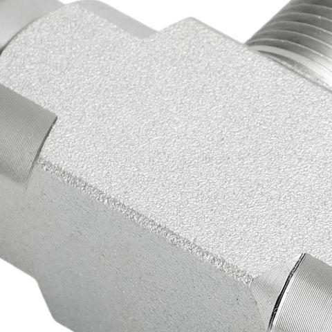 AUTOVIC STB-G3/8 hydraulic flow control valve, close-up of silver body with 3/8 in threaded ports.