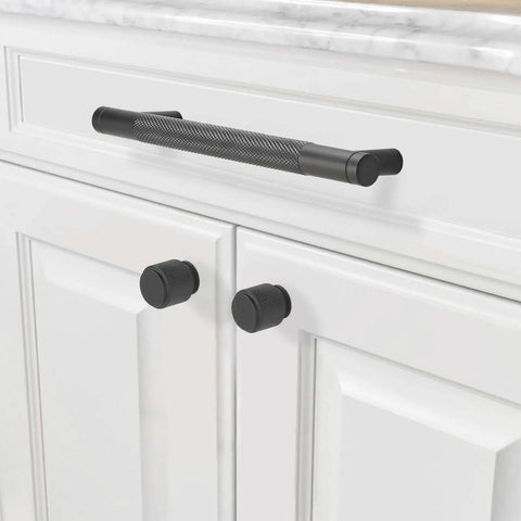 10 Pack 5 Inch Knurled Cabinet Pulls Matte Black Drawer Handles Slick Grip For Kitchen Cupboards Rock Solid Hardware Top Shelf Design Easy Peasy Install For Closets And Dressers displayed on a white cabinet.
