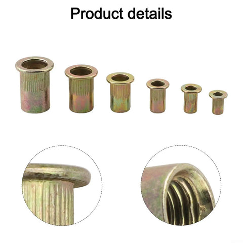 Rivet Nut Assortment Kit 150Pcs Six Sizes M3 M4 M5 M6 M7 M8 Zinc Plated Carbon Steel Threaded Inserts For Auto Repair, Furniture Assembly, Home Improvement And DIY Projects. Six zinc plated carbon steel rivet nuts shown in multiple sizes.