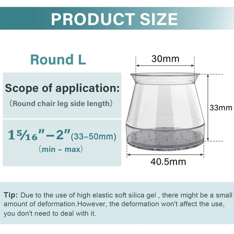 Diagram showcasing 24 Pack Round Silicone Felt Chair Leg Protectors for Hardwood Floors, fits 1 5/16" to 2" size details.