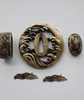 Antique Copper Tsuba And Fuchi Kashira Menuki Set For Samurai Sword Koshirae, ocean wave design, detailed Japanese style