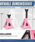 Front view of Two Pack 3 Ton Jack Stands For Cars, SUVs And Trucks, Heavy Duty Steel Floor Jack Stands With Adjustable 10.6 To 15.5 Inch Lifting Range, Pink Finish, Stable Wide Base For Safe Lifting And Reliable Support.