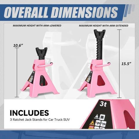 Front view of Two Pack 3 Ton Jack Stands For Cars, SUVs And Trucks, Heavy Duty Steel Floor Jack Stands With Adjustable 10.6 To 15.5 Inch Lifting Range, Pink Finish, Stable Wide Base For Safe Lifting And Reliable Support.