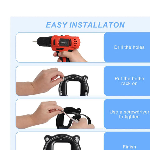 Installation steps for 12-Count Horse Bridle Rack With Hooks And Tubes Screws, Metal Bridle Holder Wall Mount For Tack Room.
