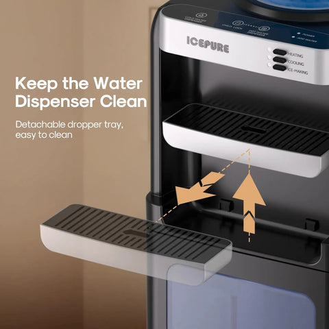 Close-up of Three In One Water Dispenser With Built In Ice Maker Hot And Cold Water Cooler showing detachable dropper tray