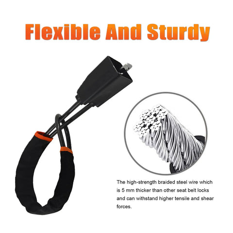 Universal Seventeen Inch Steering Wheel And Seat Belt Lock For Vehicles SUVs And Golf Carts, braided steel wire close-up
