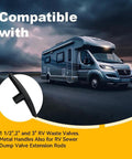 Image of an RV with a T-shape handle overlay, showcasing compatibility with 2 Pack RV Waste Water Valve Handles Replacement Compatible With Camco