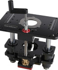 Shop Ready Precision Router Lift Base With Smooth Height Adjust Insert Plate For Woodworking Tables Micro Tuned Down To 1/64 Inch Dead Nuts Stable Pro Grade Hardware, black aluminum chassis.