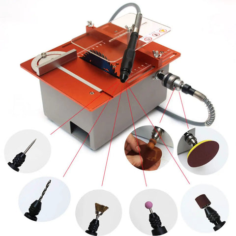 Mini Dual Motor Table Saw With 360W For Hella Precise Woodworking Cuts And Sweet Home Shop Projects Featuring Badass Aluminum Alloy Platform Setup Now with various attachments.