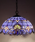 Tiffany Style Pendant Light Fixture With Blue Purple Baroque Stained Glass Wide 16 Inch Shade 40 Inch Hanging Height Antique Bronze Finish