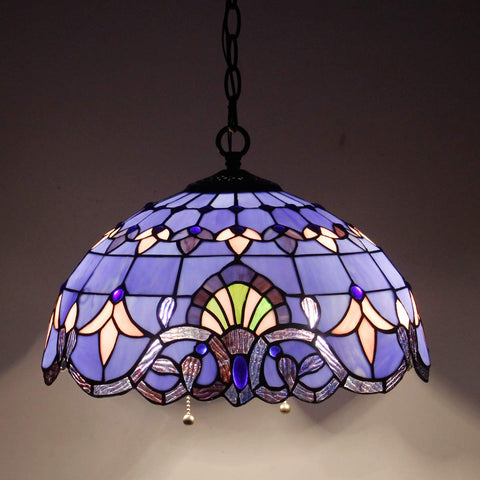 Tiffany Style Pendant Light Fixture With Blue Purple Baroque Stained Glass Wide 16 Inch Shade 40 Inch Hanging Height Antique Bronze Finish