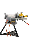Reconditioned Heavy Duty Pipe Threading Machine With Foot Pedal And Quick Opening Die Head Handles half inch to two inch pipe on a sturdy stand.