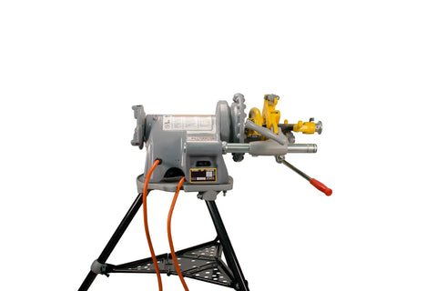 Reconditioned Heavy Duty Pipe Threading Machine With Foot Pedal And Quick Opening Die Head Handles half inch to two inch pipe on a sturdy stand.