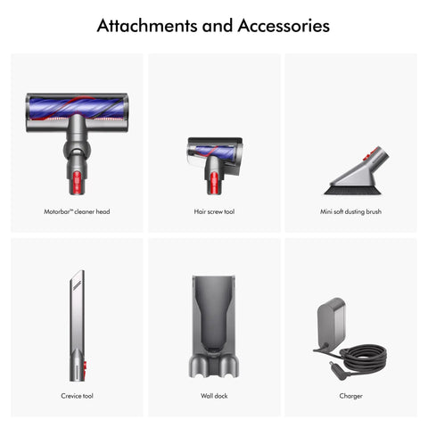 V11 Origin Cordless Vacuum Cleaner, No Cord Drama, attachments and accessories including motorbar, brush, crevice tool, dock