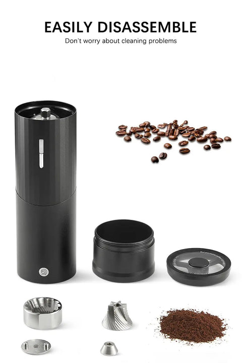 Portable Electric Coffee Burr Grinder With 50g Capacity And Magnetic Cover Aluminum Alloy Body External Adjustable Settings Ultra Quiet Brushless Motor Fast Grinding Powered By 800mAh Rechargeable Battery Black Edition disassembled showing parts and coffee grounds.