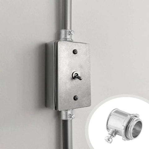 Fifty Piece Pack Of Super Tough EMT Connectors For Half Inch Electrical Conduit Systems Featuring Corrosion Resistant Zinc Alloy Build For Snug Tight Wire Runs And No Sweat Installations installed on wall