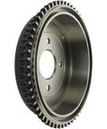 Centric rear brake drum, metal silver with black textured outer edge and three mounting holes