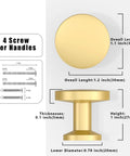 Diagram of 10 Pack Brushed Gold Round Cabinet Knobs 1-1/5 Inch 30mm Single Hole Drawer Pulls with dimensions and screws