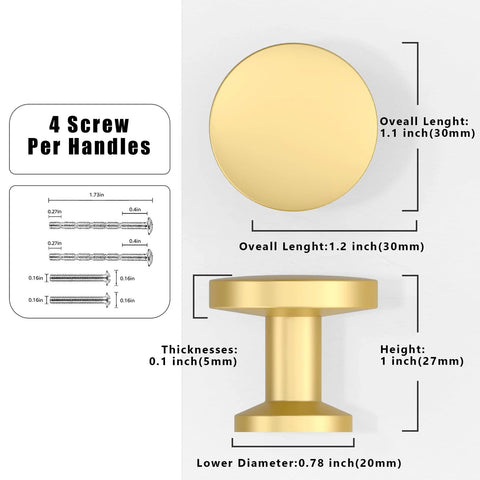 Diagram of 10 Pack Brushed Gold Round Cabinet Knobs 1-1/5 Inch 30mm Single Hole Drawer Pulls with dimensions and screws