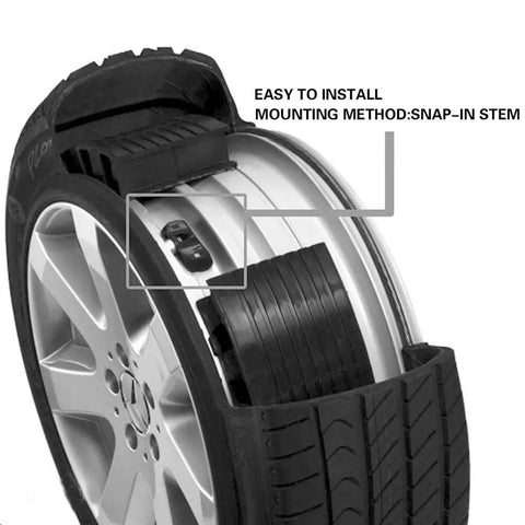315 Mhz Tire Pressure Monitoring Sensor For Chevy Equinox All Engine Sizes 2007 Through 2018 Direct Replacement, showing snap-in installation on tire.