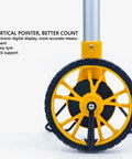 Close-up of Eujgoov Digital Measuring Wheel Backlit 100000FT Maximum Range showcasing yellow wheel and digital display features.
