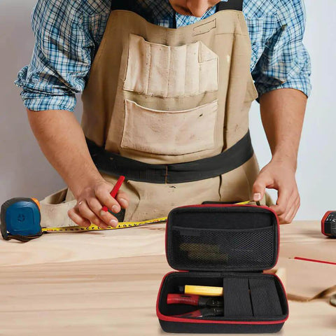 Heavy Duty Eva Waterproof Hard Shell Tool Tote Featuring Ample Organized Compartments on a workbench with tools and measuring tape.