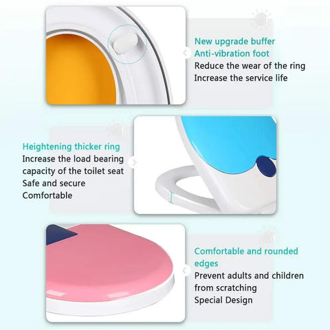 Two In One Toilet Seat With Cover Featuring Soft Close Slow Falling Lid And Quick Release Panel For Effortless Cleaning Plus Toddler Training Insert, showing anti-vibration foot and thicker ring.