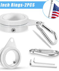 Top Shelf White Aluminum Flag Pole Rings With Grip Tight Clamps Two Pack No Sweat Antitwist Swivels For Slick 360 Degree Rotation And Hassle Free Patriotic Display showing two 1-inch rings with clamps and carabiners.