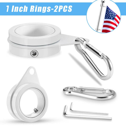 Top Shelf White Aluminum Flag Pole Rings With Grip Tight Clamps Two Pack No Sweat Antitwist Swivels For Slick 360 Degree Rotation And Hassle Free Patriotic Display showing two 1-inch rings with clamps and carabiners.