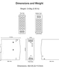 Dimensions and weight diagram showing Heavy Duty 75W 12V DIN Rail Mount Power Supply size 40x125.2x113.5mm and 0.43kg.
