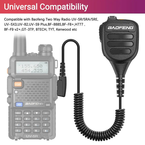 Beefy Handheld Ham Radio Microphone With IP54 Waterproof Rugged Speaker Mic shown next to compatible Baofeng UV-5R radio.
