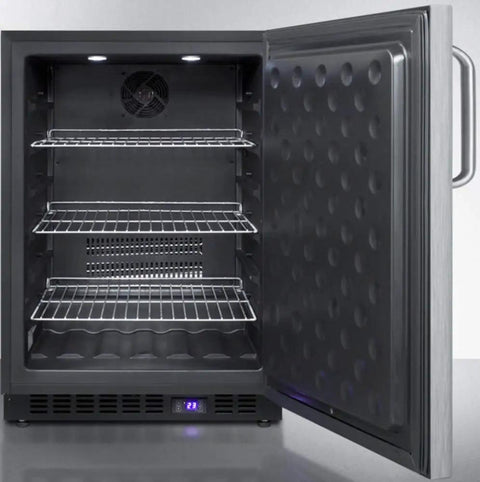 Inside view of Top Notch Frost Free Under Counter Upright Freezer Featuring A Slick Stainless Steel Finish And Hassle Free Digital Temp Dial.