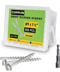 Five Hundred Connector Screws Nine By One And A Half Inches Beefy Heavy Duty Joist Hanger Screws For Decking And Framing With Hex Drive Quarter Inch Replace 9112R500 Mechanical Galvanized And 1500 Hour Salt Spray Tested packaging with screws and hex drive