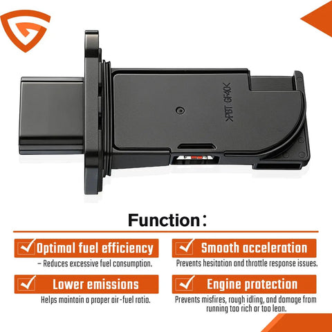 Heavy Duty Mass Air Flow Sensor Assembly Direct Swap For Nissan Altima Sentra Q50 Q70 QX60, top view showing functions and design.