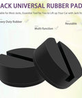 Front view of black rubber floor jack pad adapters; round with a slotted center, 4-pack for protecting pinch welds.