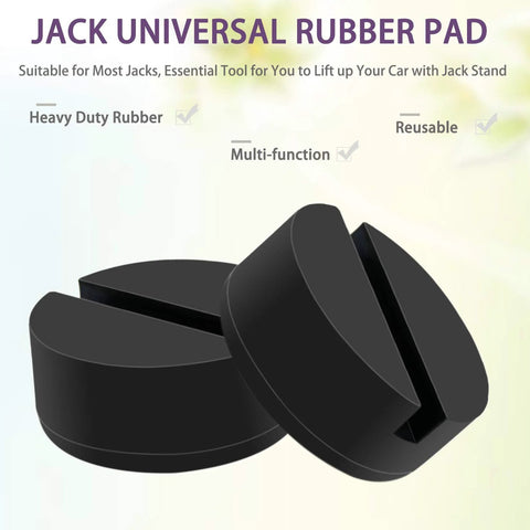 Front view of black rubber floor jack pad adapters; round with a slotted center, 4-pack for protecting pinch welds.