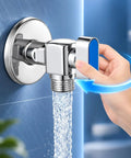 Fresh 1/2 Inch Turn Angle Stop Valve With Blue Handle Solid Brass Body Chrome Plated Finish Kick Butt High Flow Shut Off Connector For Water Heater Bathroom Kitchen Plumbing, water flowing.