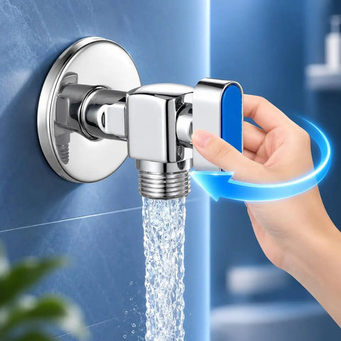 Heavy Duty Half Inch Angle Stop Valve 2 Pack Brass Ball Shut Off With Red And Blue Handles For Water Heater Kitchen Plumbing High Flow Chrome Plated Finish No Sweat Install Rock Solid Durability Proven, chrome valve in use with water flowing.