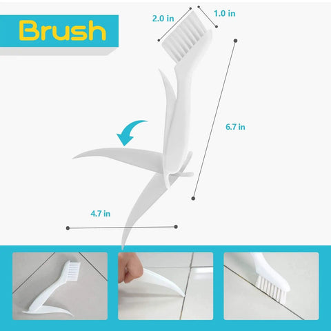 Diagram of foldable cleaning brush for Grout Renewal Pen White Kit For Tile Gaps, showing dimensions and usage on tile grout.