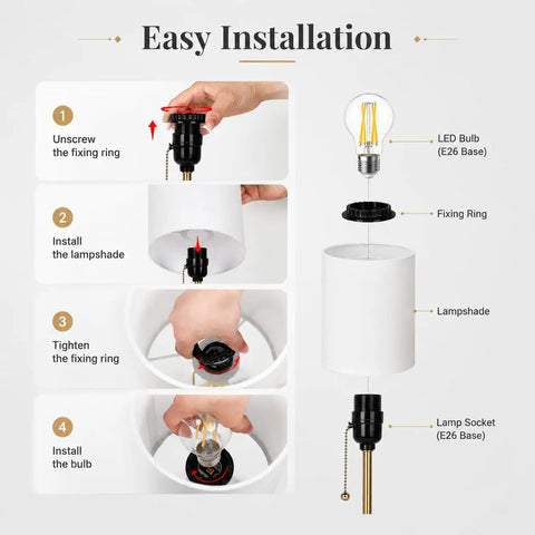 Gold Table Lamps Set Of 2 For Bedside And Living Room With Marble Bases Linen Shade Pull Chain 3 Way Dimmable Nightstand Lamps 18.5 Inch Tall Slim Desk Style Bulbs Included, showing easy installation steps