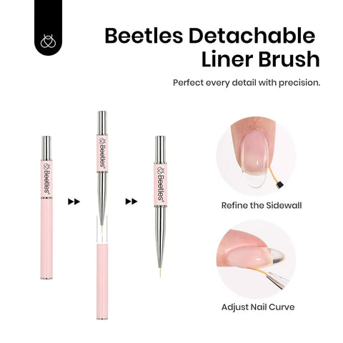 Beetles detachable liner brush, pink handle, used for refining nail sidewall and adjusting nail curve with precision.